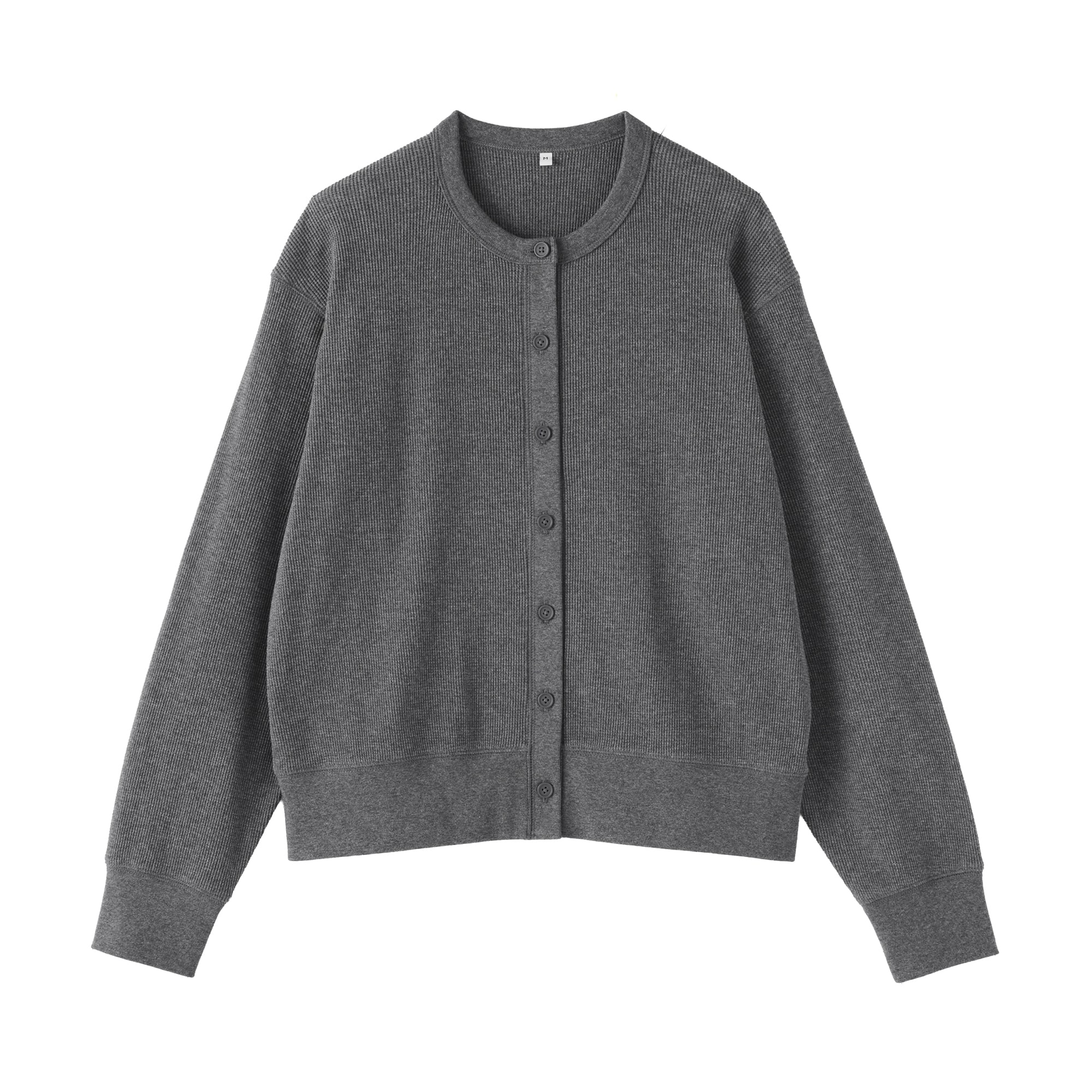 婦人　ワッフル編みクルーネック長袖カーディガン