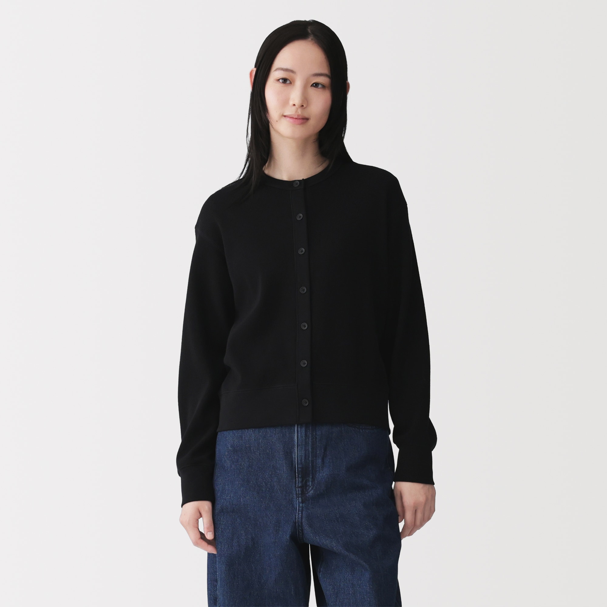 婦人　ワッフル編みクルーネック長袖カーディガン