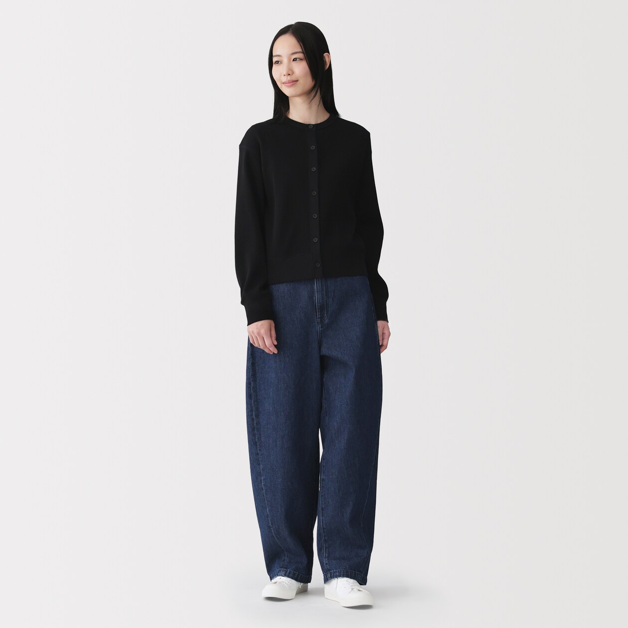 婦人　ワッフル編みクルーネック長袖カーディガン