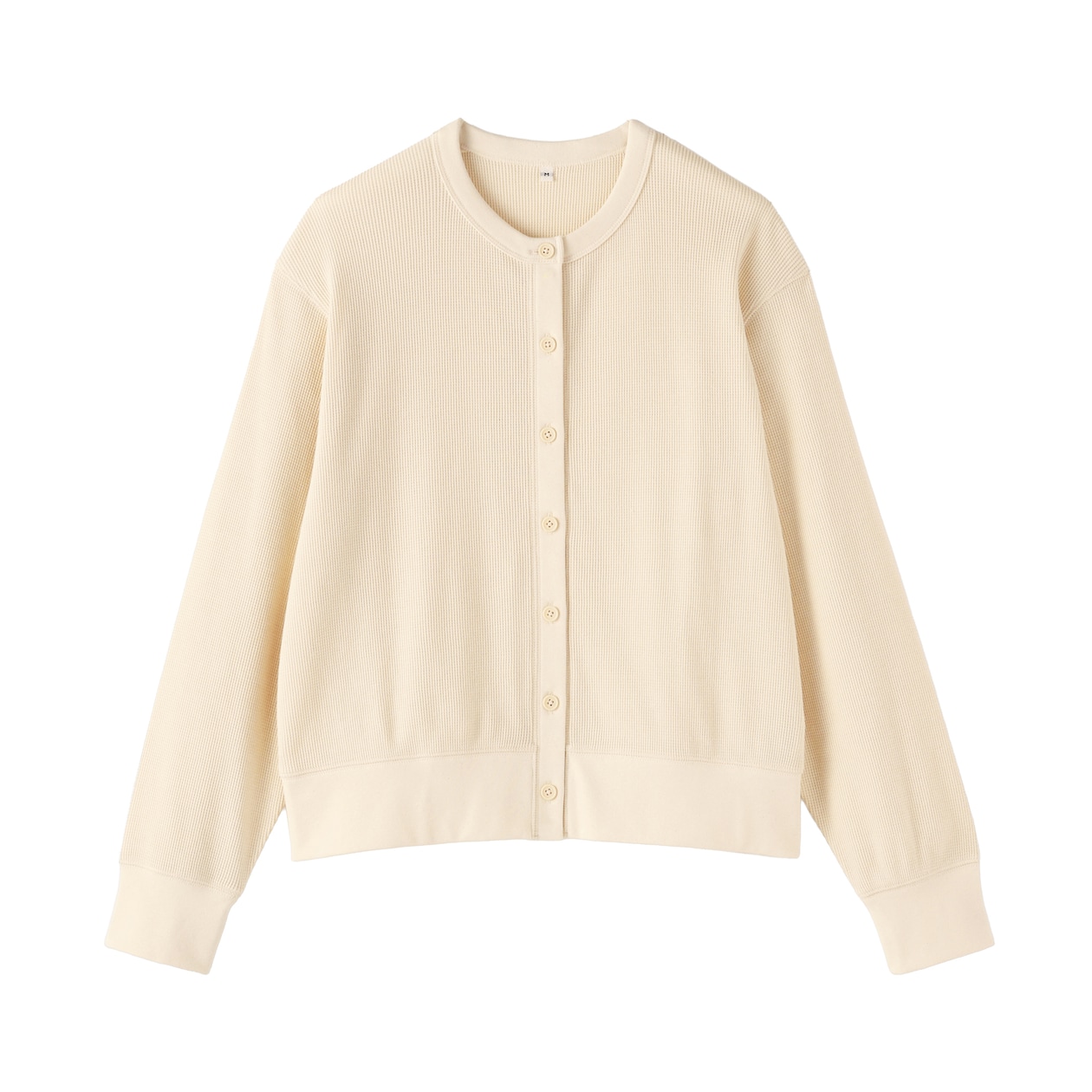 婦人　ワッフル編みクルーネック長袖カーディガン