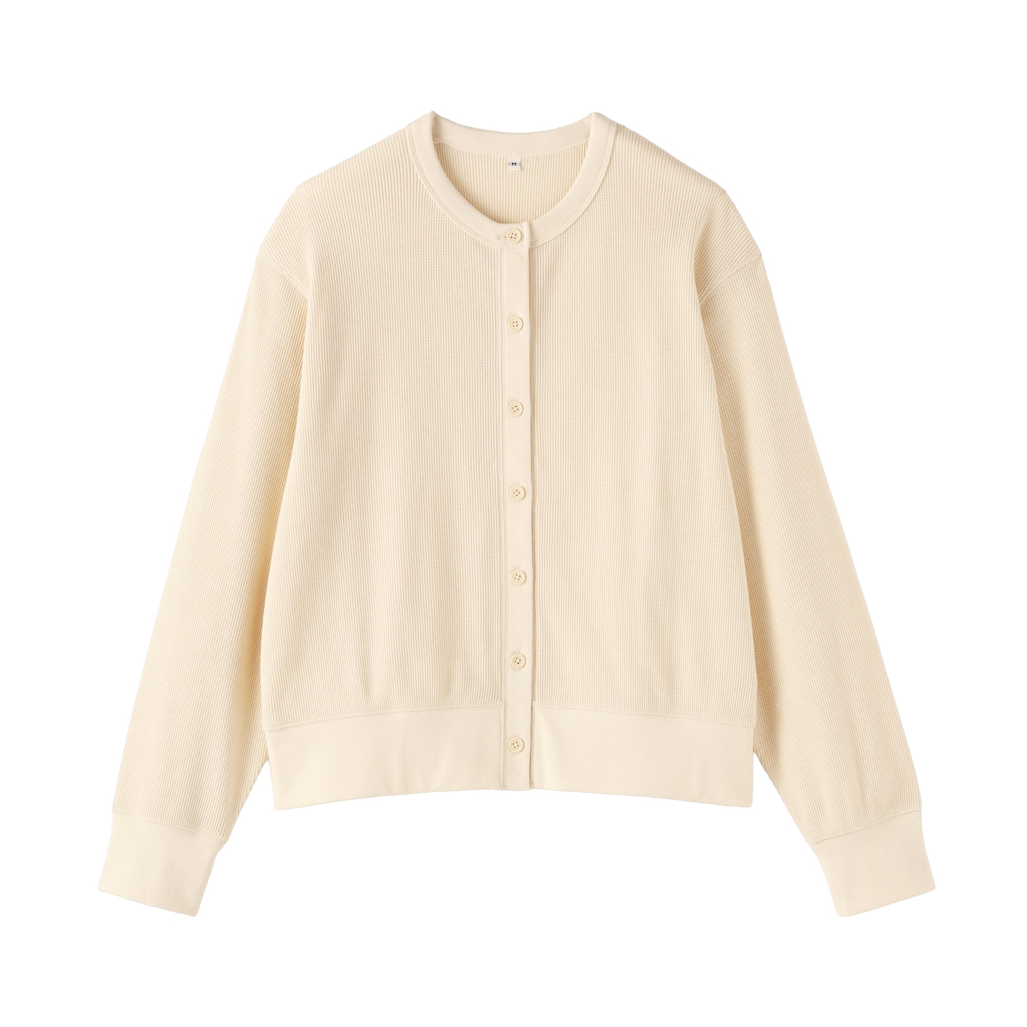 婦人　ワッフル編みクルーネック長袖カーディガン