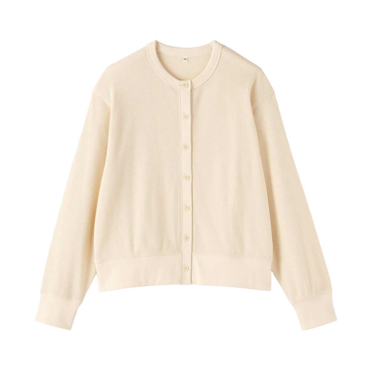 婦人　ワッフル編みクルーネック長袖カーディガン