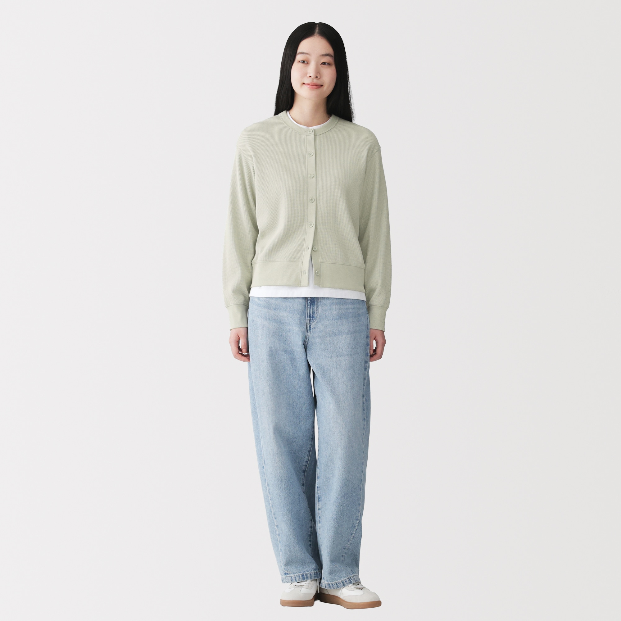 婦人　ワッフル編みクルーネック長袖カーディガン