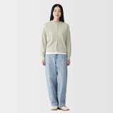 婦人　ワッフル編みクルーネック長袖カーディガン