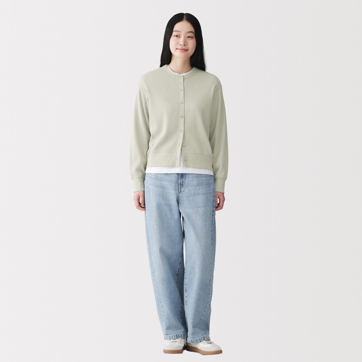 婦人　ワッフル編みクルーネック長袖カーディガン