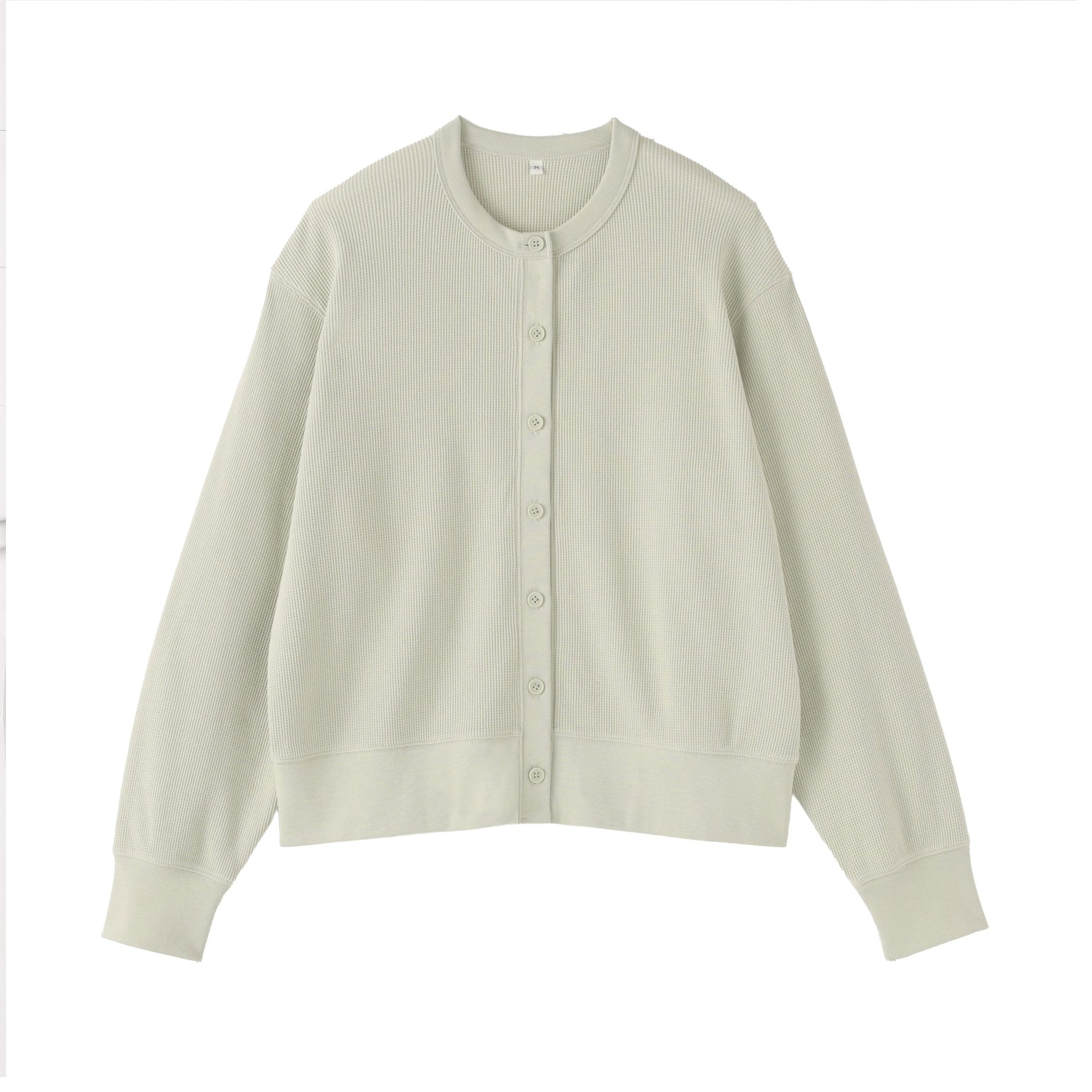 婦人　ワッフル編みクルーネック長袖カーディガン