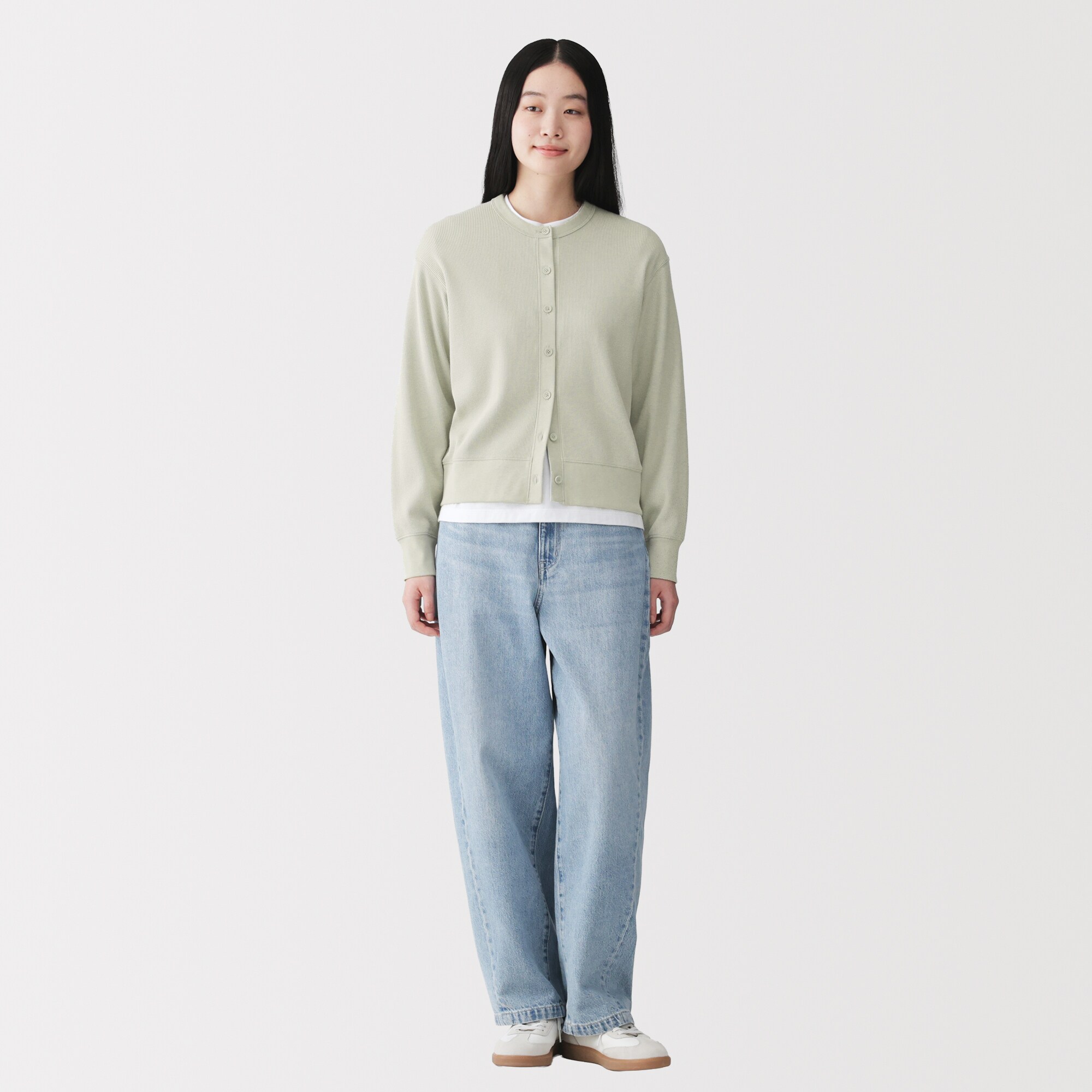 婦人　ワッフル編みクルーネック長袖カーディガン