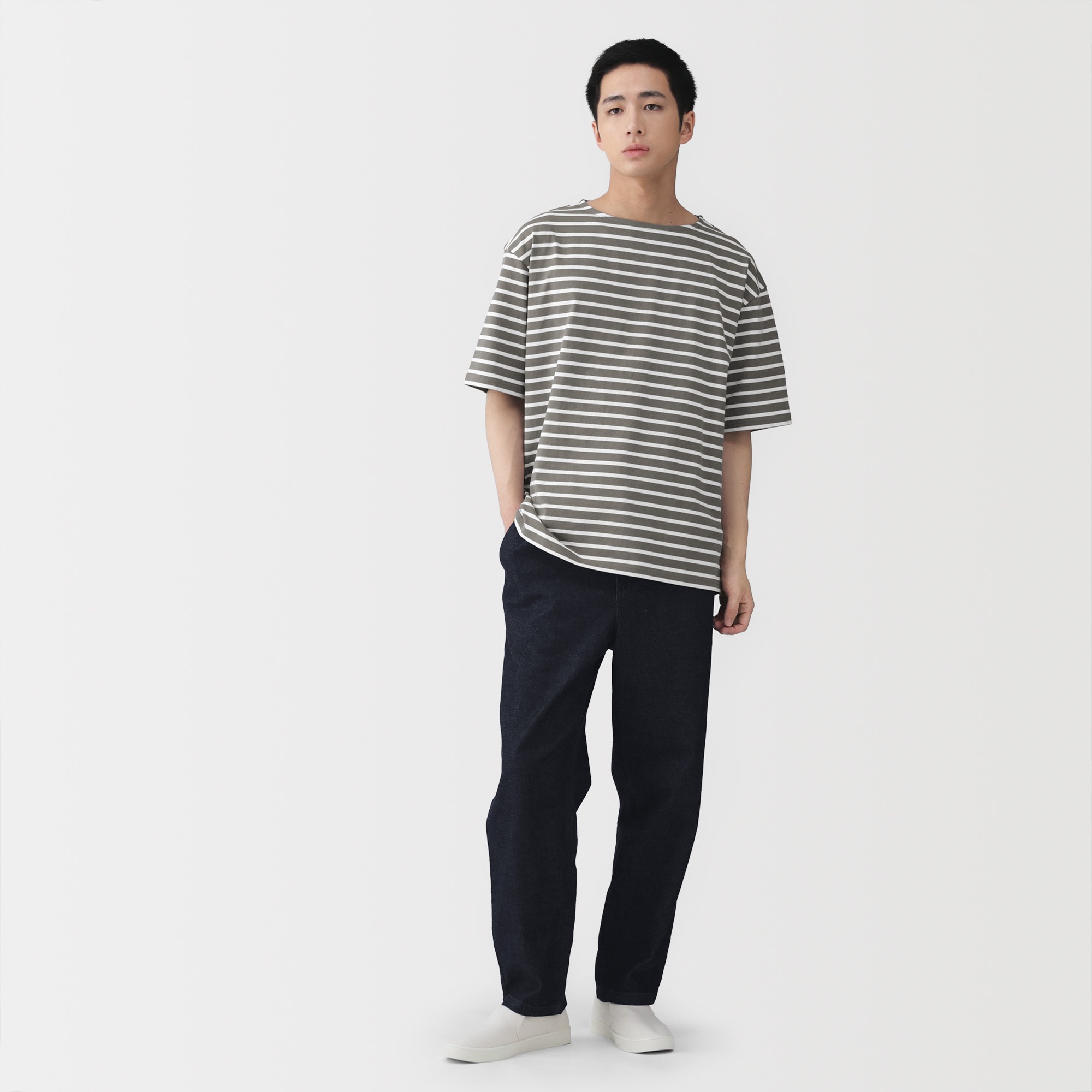 紳士　洗いざらし太番手ボートネック五分袖Ｔシャツ