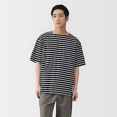 紳士　洗いざらし太番手ボートネック五分袖Ｔシャツ