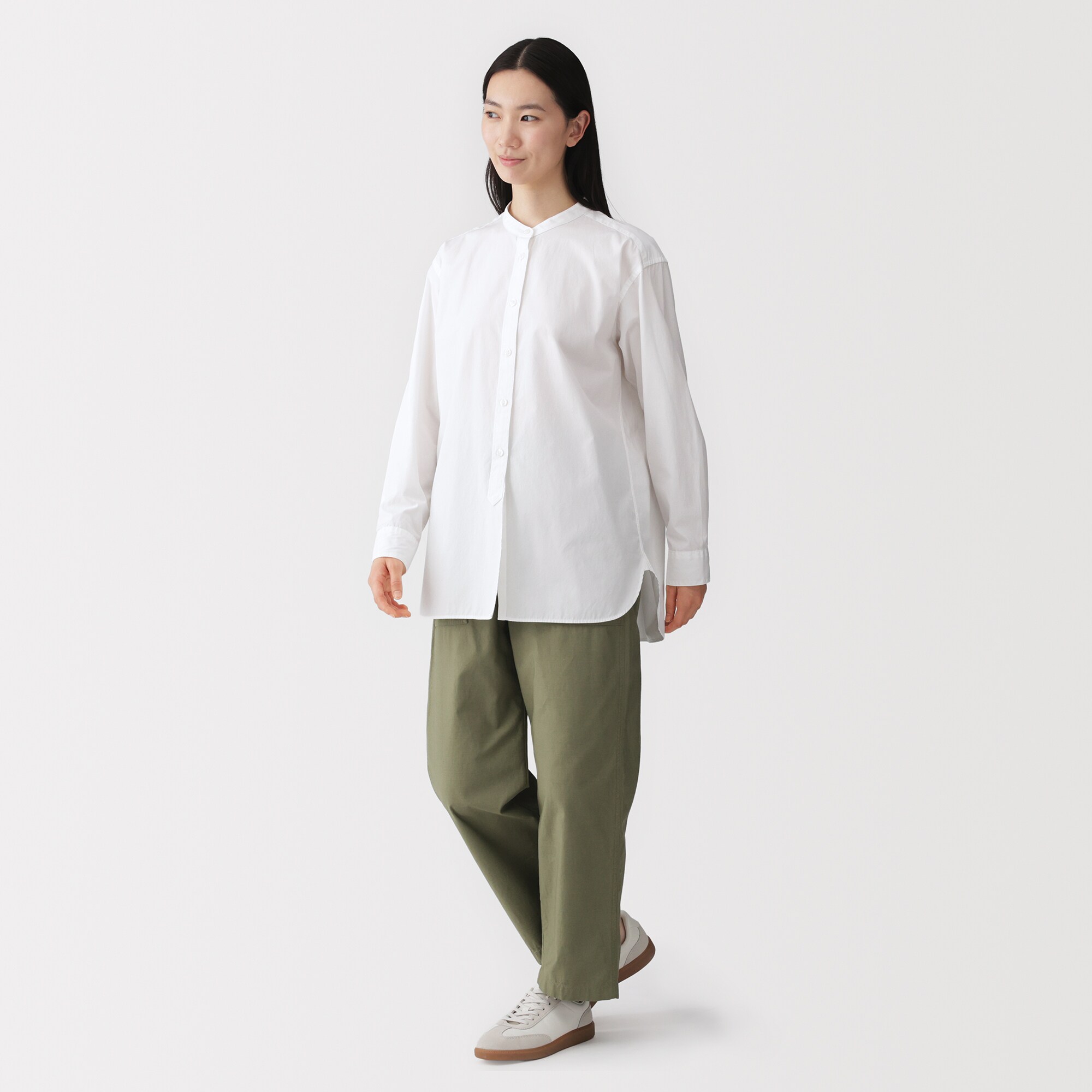 婦人　洗いざらし　ブロードスタンドカラー長袖ロングシャツ