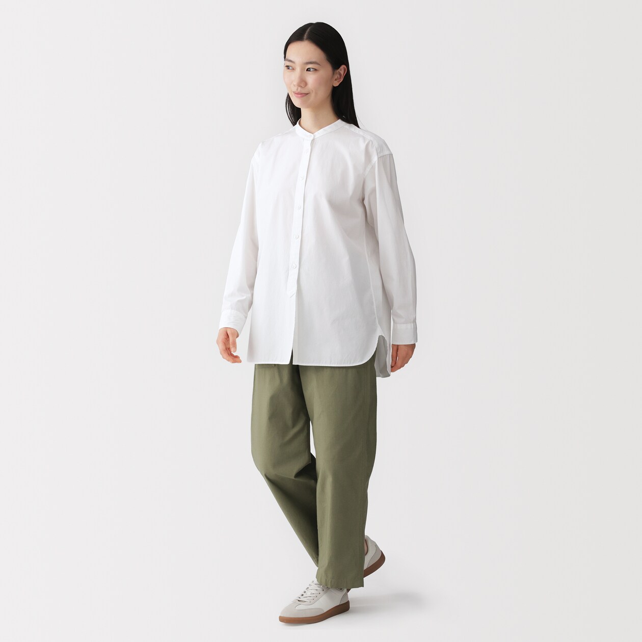 婦人　洗いざらし　ブロードスタンドカラー長袖ロングシャツ