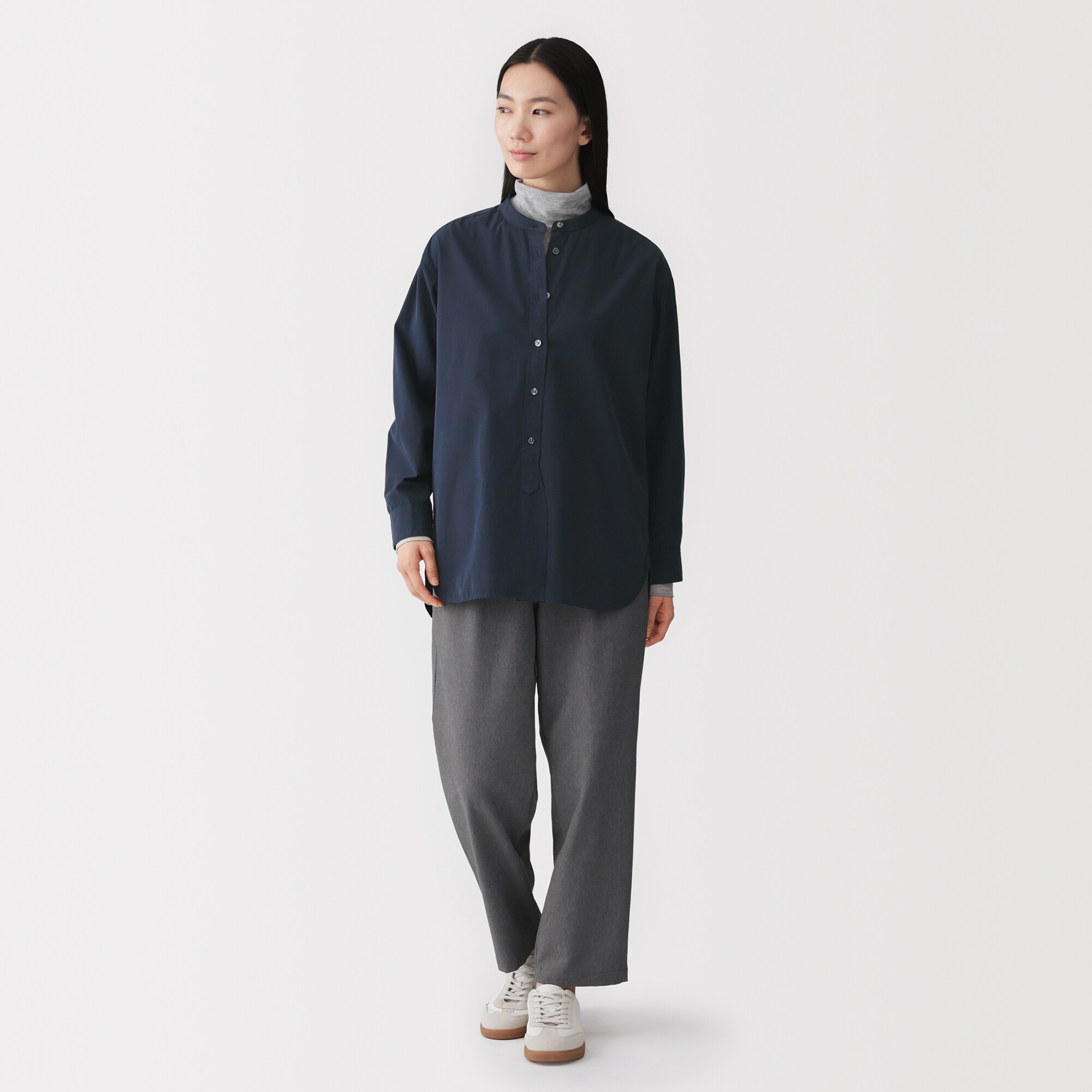 婦人　洗いざらし　ブロードスタンドカラー長袖ロングシャツ