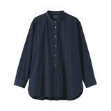 婦人　洗いざらし　ブロードスタンドカラー長袖ロングシャツ