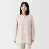 婦人　洗いざらし　ブロードスタンドカラー長袖ロングシャツ