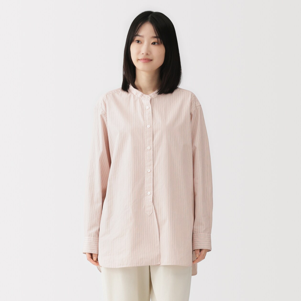 婦人　洗いざらし　ブロードスタンドカラー長袖ロングシャツ