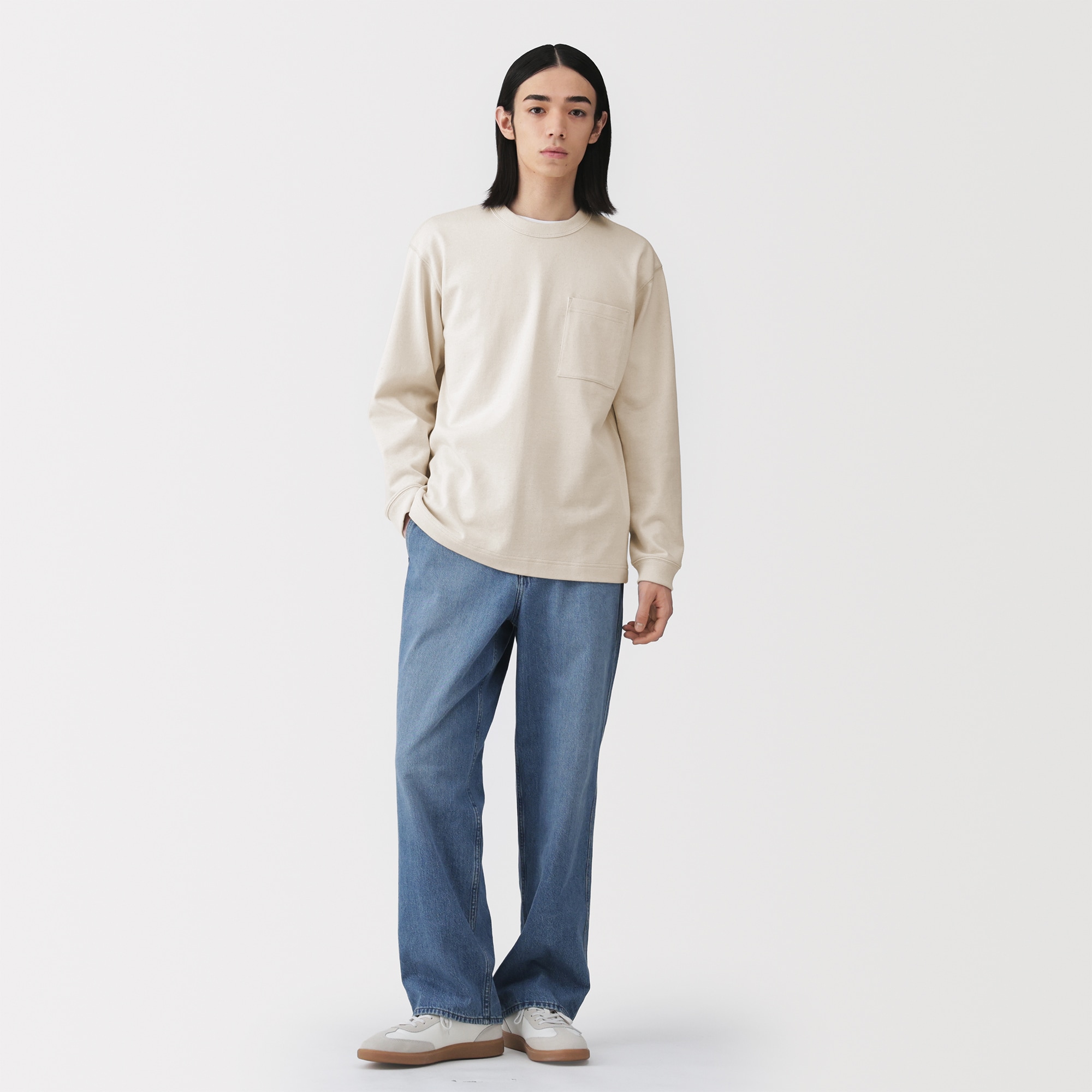 紳士　木の実から作ったカポック混ポケット付き長袖Ｔシャツ