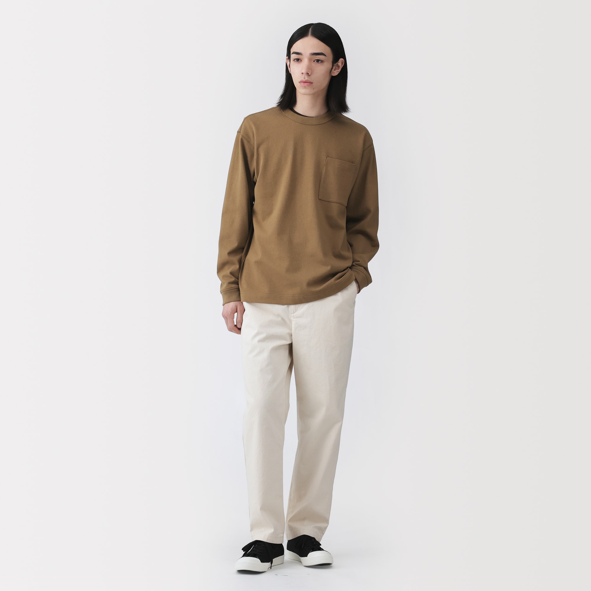 紳士　木の実から作ったカポック混ポケット付き長袖Ｔシャツ