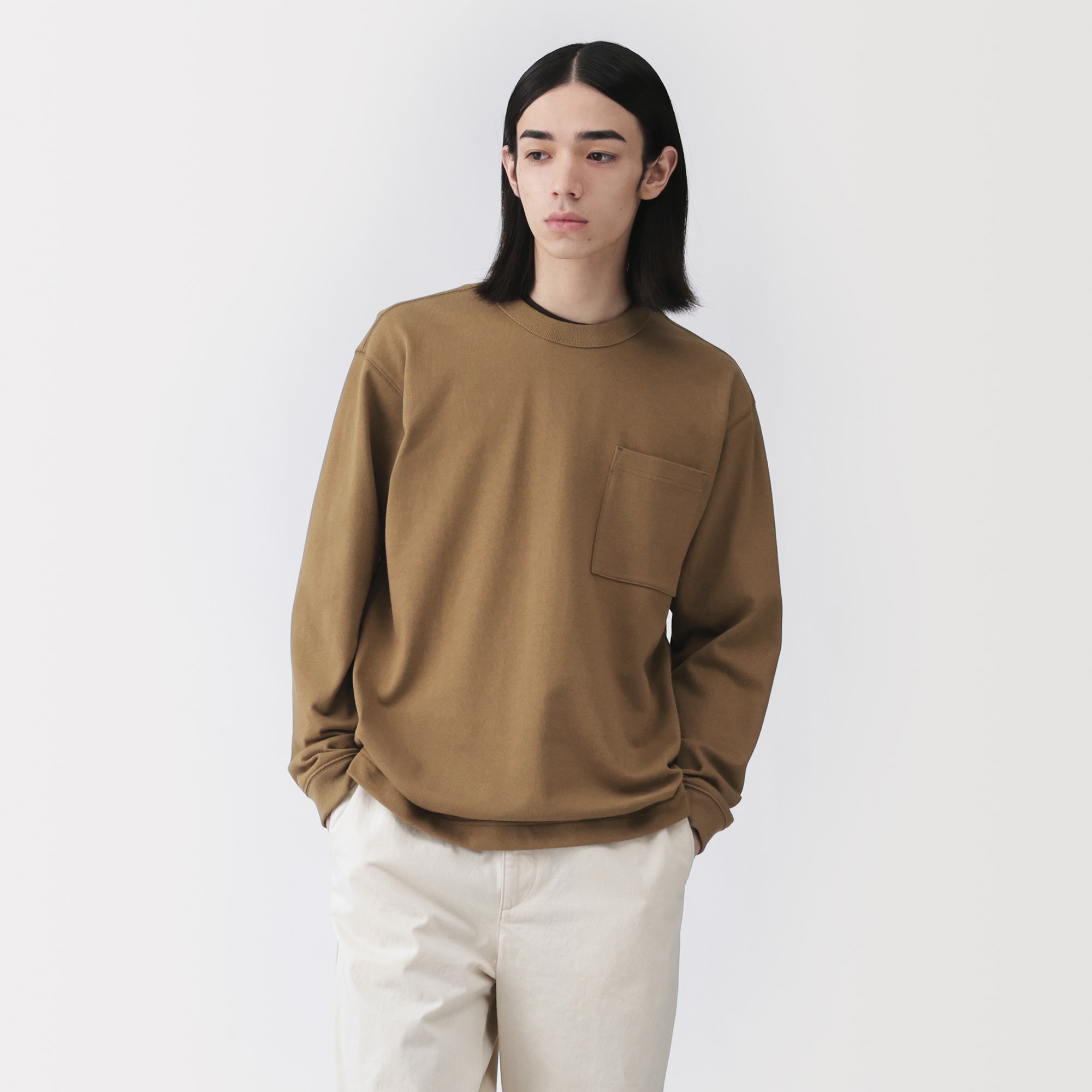 紳士　木の実から作ったカポック混ポケット付き長袖Ｔシャツ