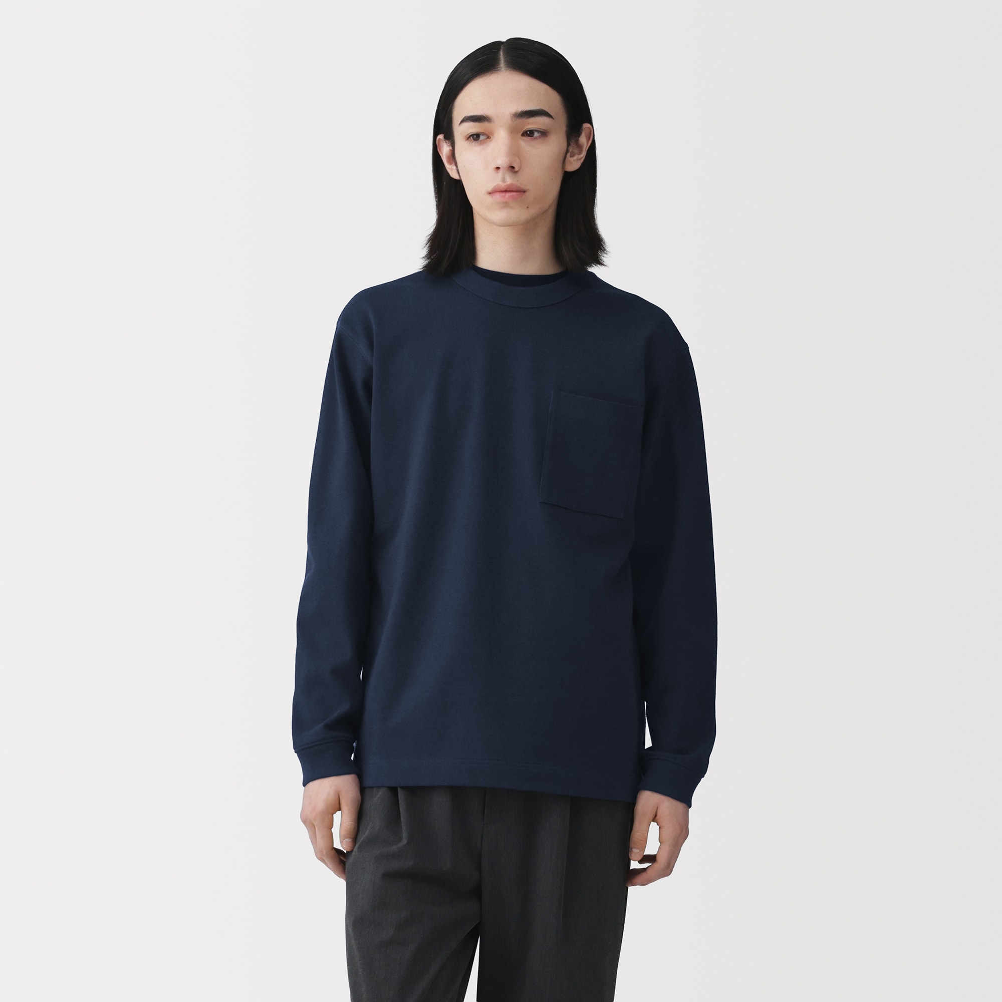 紳士　木の実から作ったカポック混ポケット付き長袖Ｔシャツ