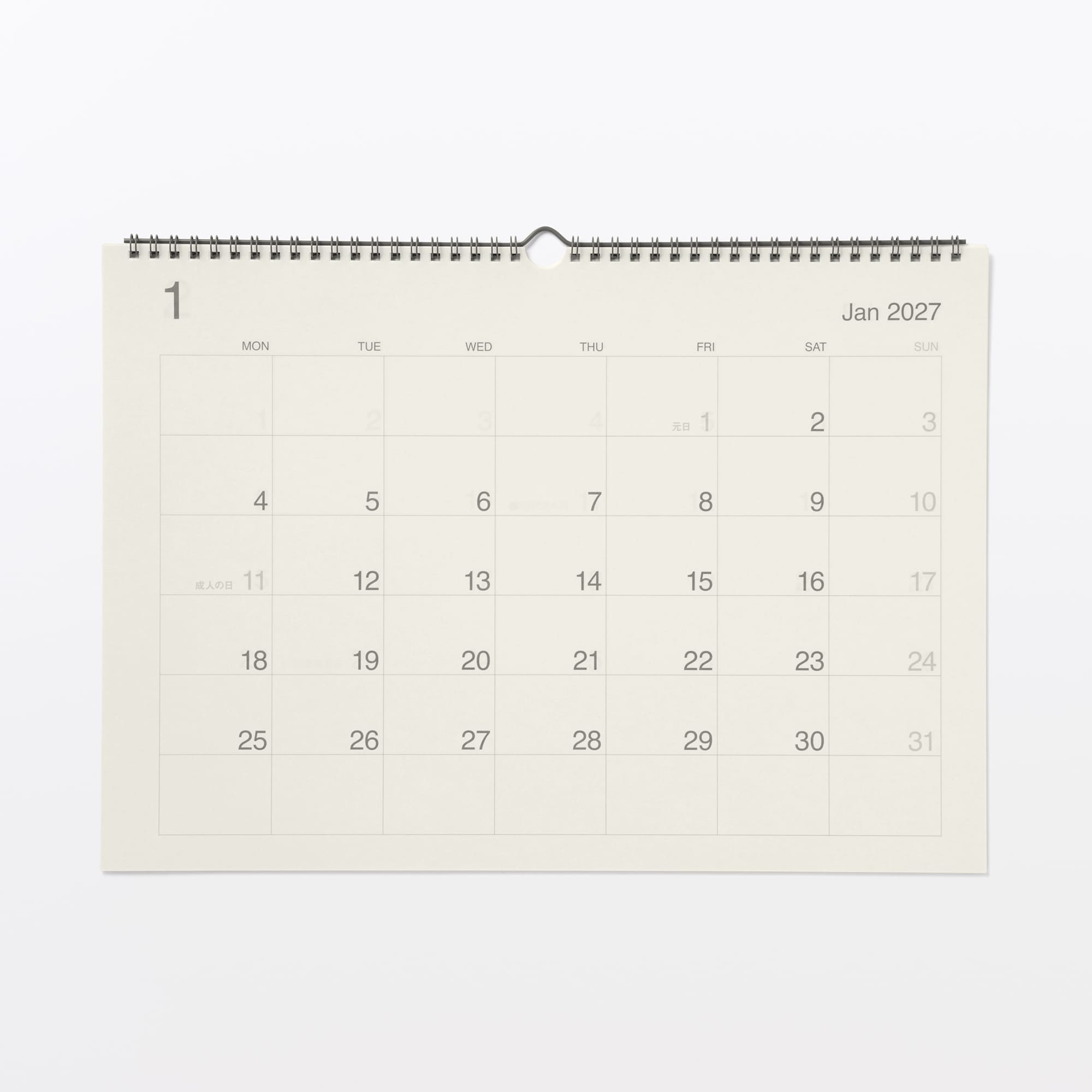 バガス入りペーパー月曜始まりカレンダー／２０２７年１月～１２月