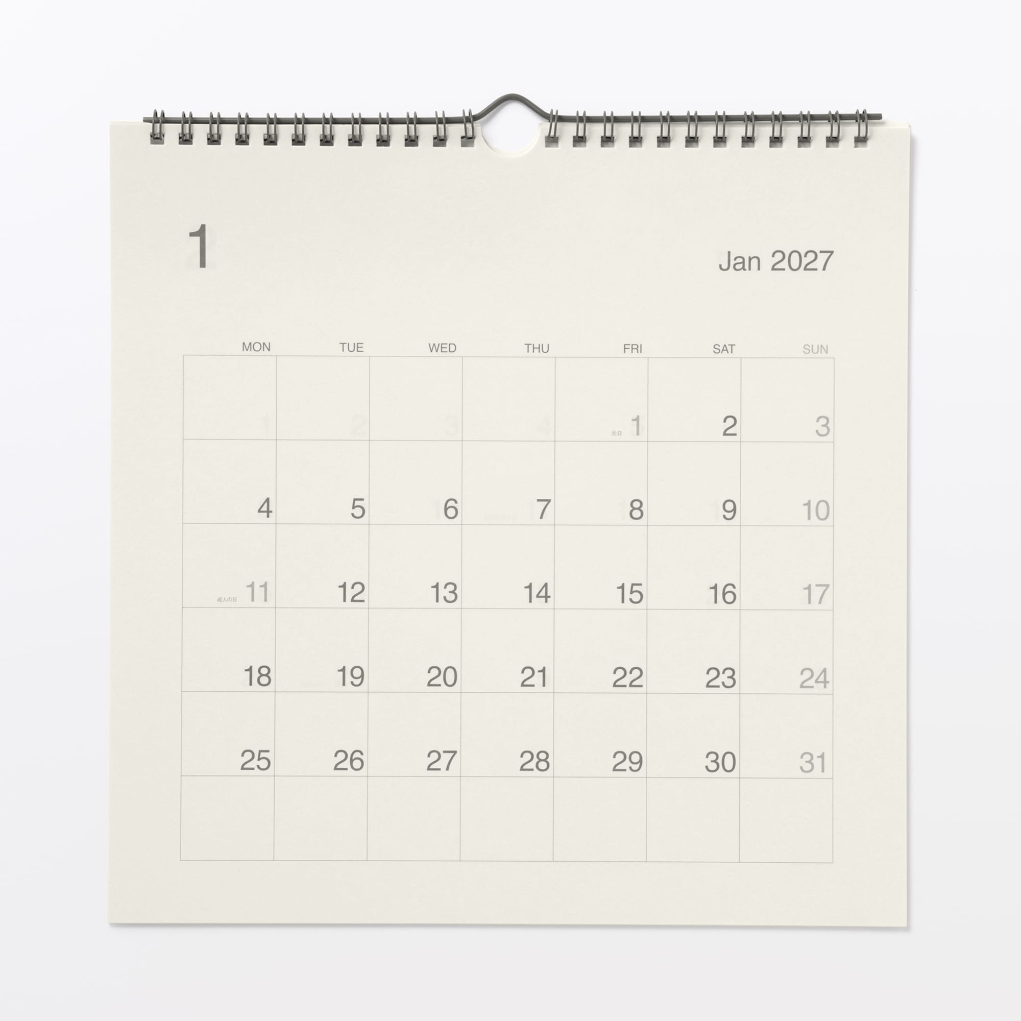 バガス入りペーパー月曜始まりカレンダー／２０２７年１月～１２月