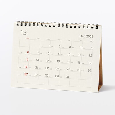 【８月中旬発売予定】バガス入りペーパー日曜始まり六輝カレンダー／２０２６年１２月～２０２７年１２月　卓上用／約１４５×２００ｍｍ
