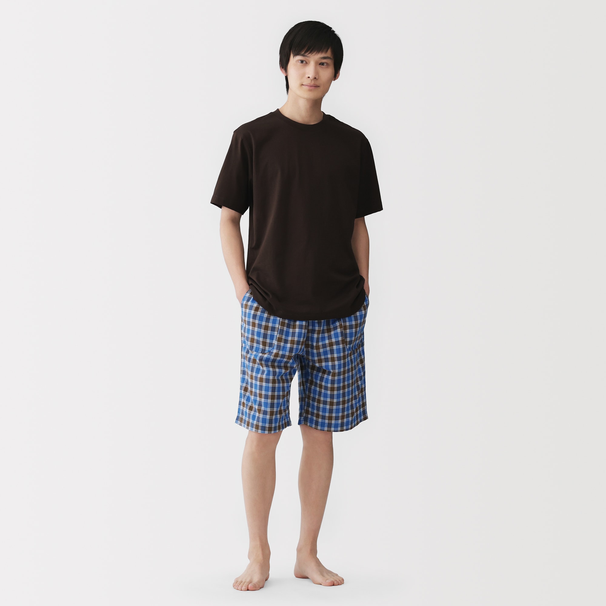 紳士　残反を使った　マドラスチェック　ショートパンツ