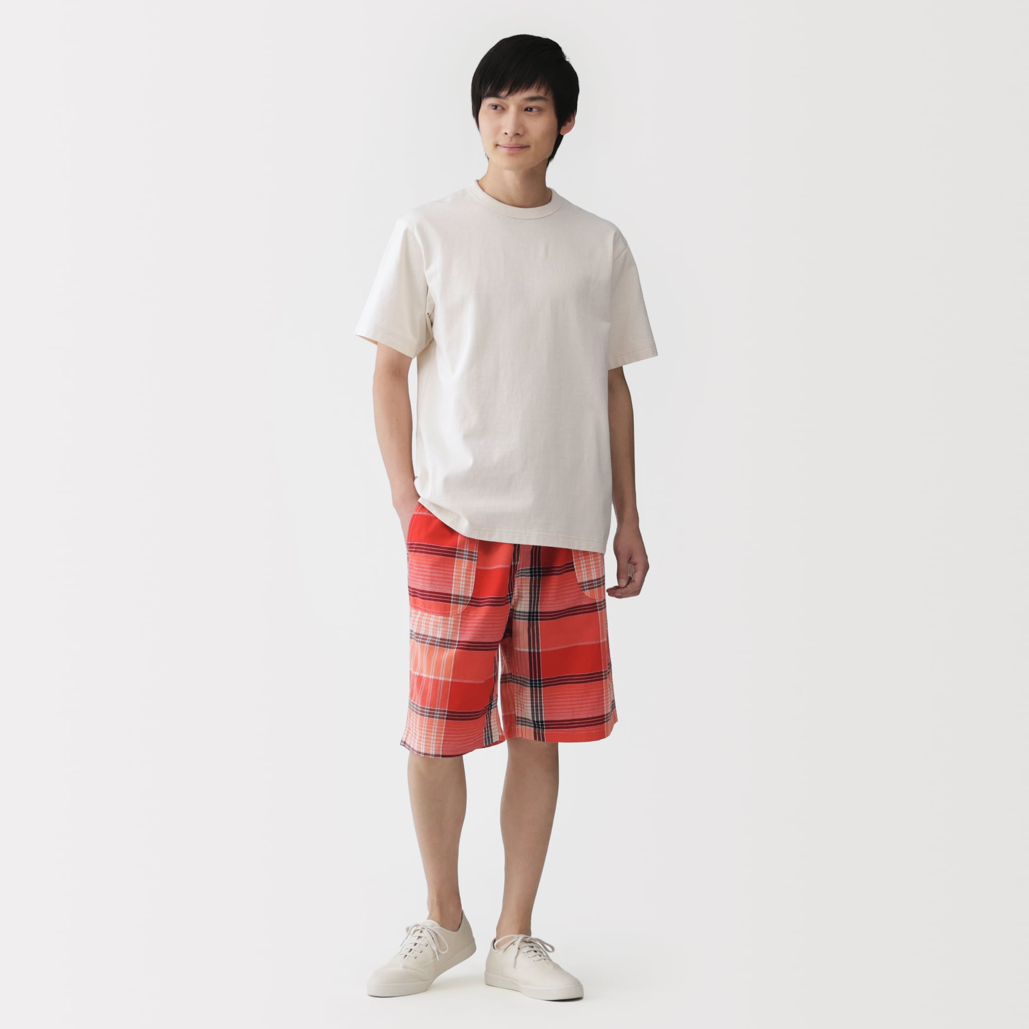 紳士　残反を使った　マドラスチェック　ショートパンツ