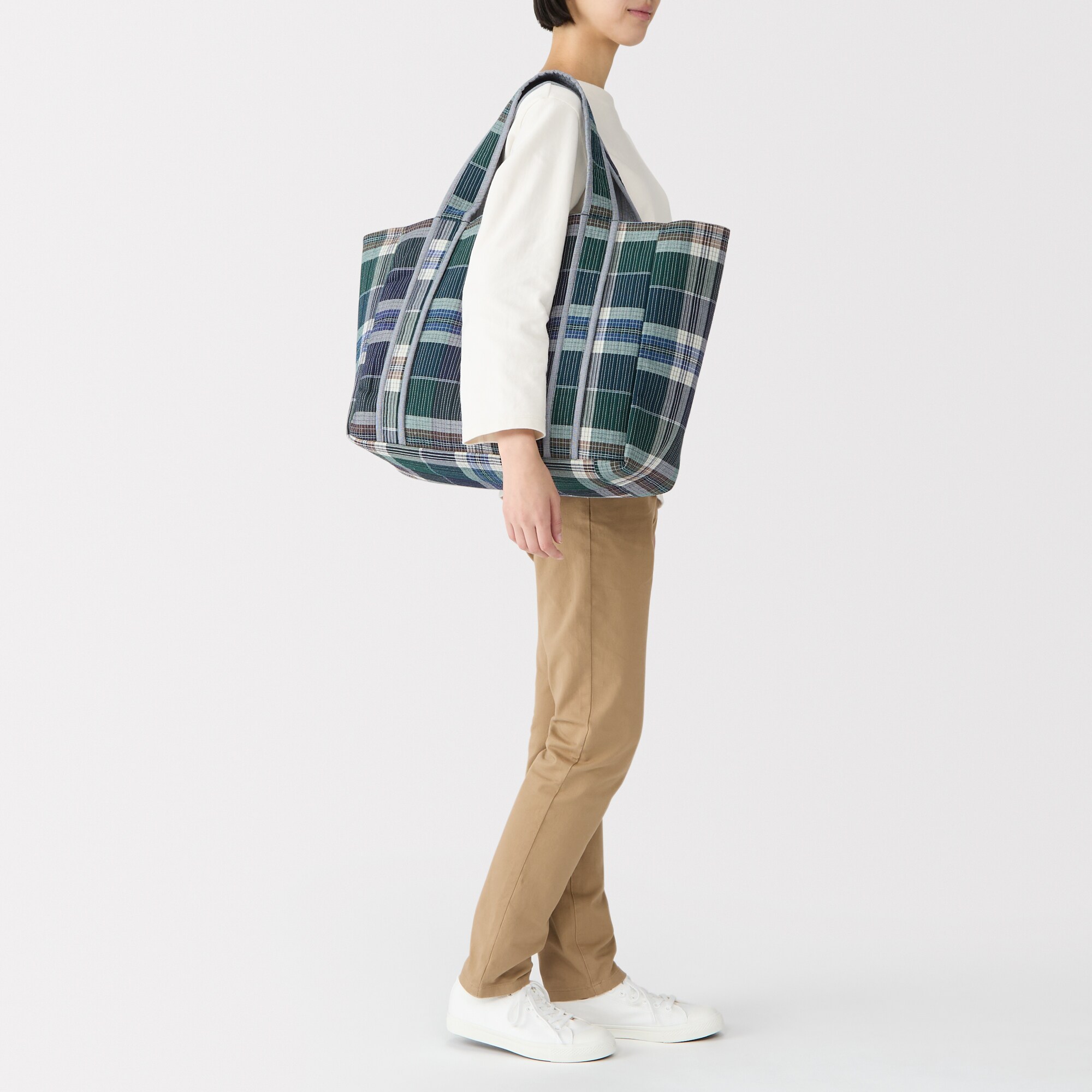 マドラスチェック　キルトバッグ　大
