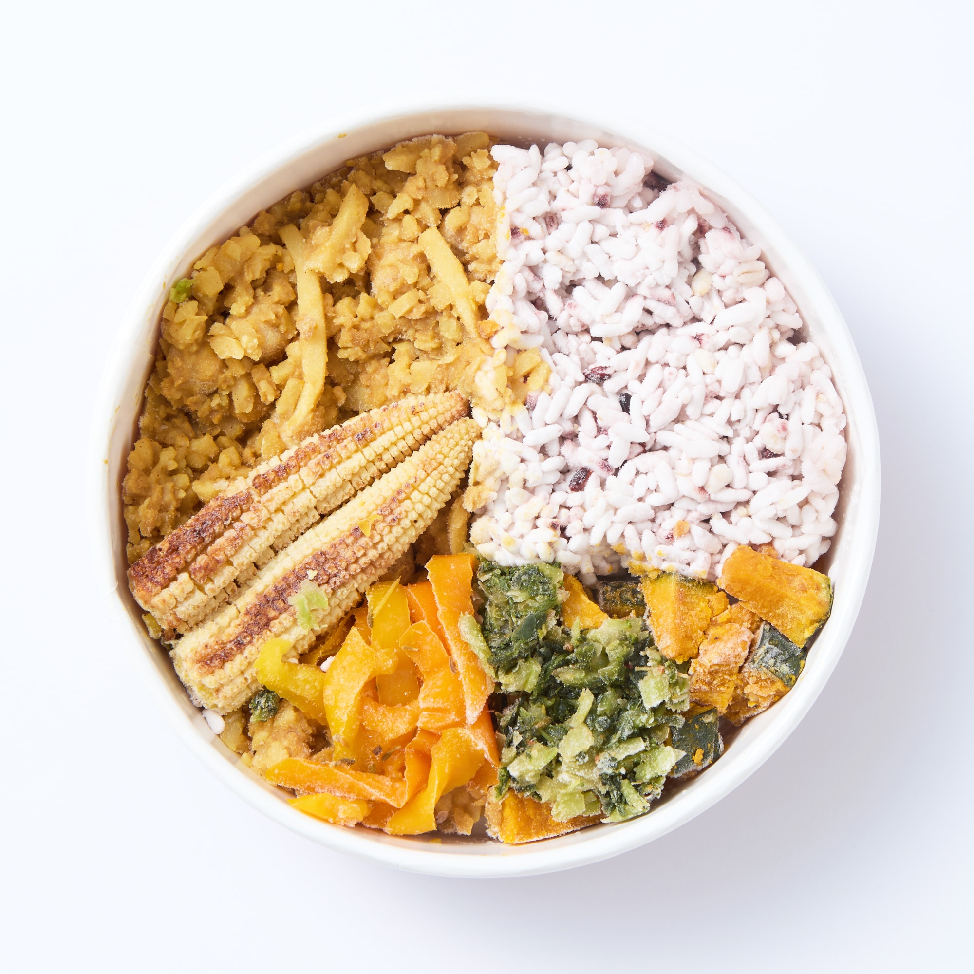 １／３日分の野菜を使った雑穀ごはん　ひよこ豆のカレー炒めとかぼちゃサラダ