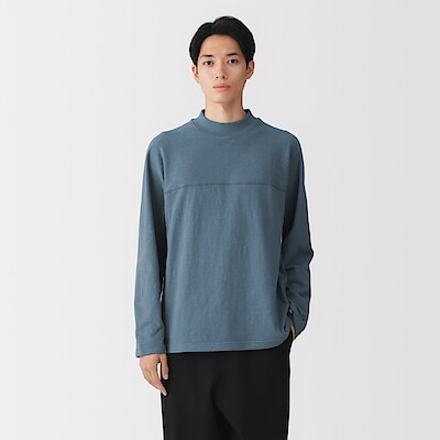 紳士　昔ながらの紡績機を使ったムラ糸モックネック長袖Ｔシャツ