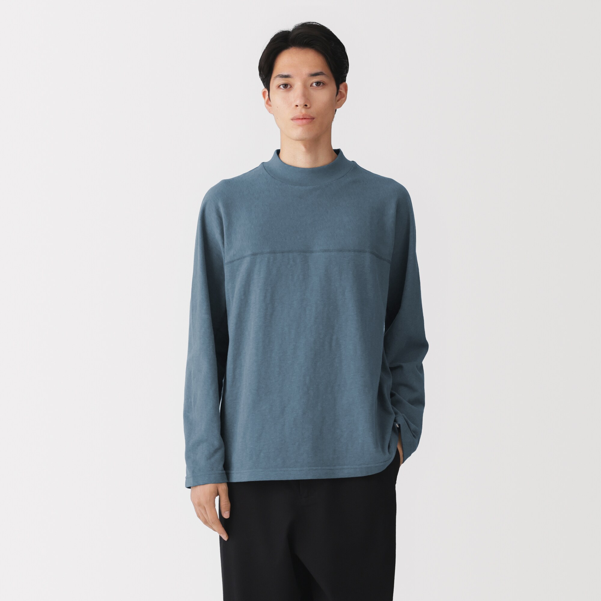 紳士　昔ながらの紡績機を使ったムラ糸モックネック長袖Ｔシャツ