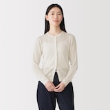 婦人　なめらかリブ透かし編みクルーネックカーディガン