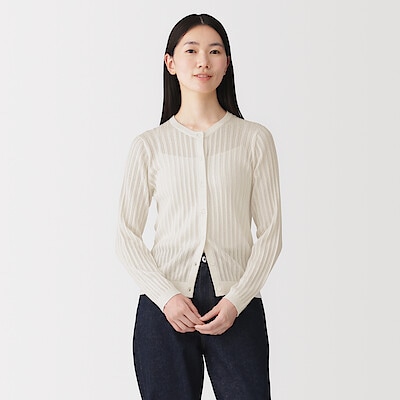 【７月上旬発売予定】婦人　なめらかリブ透かし編みクルーネックカーディガン