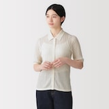 婦人　なめらかリブ透かし編み五分袖ポロカーディガン