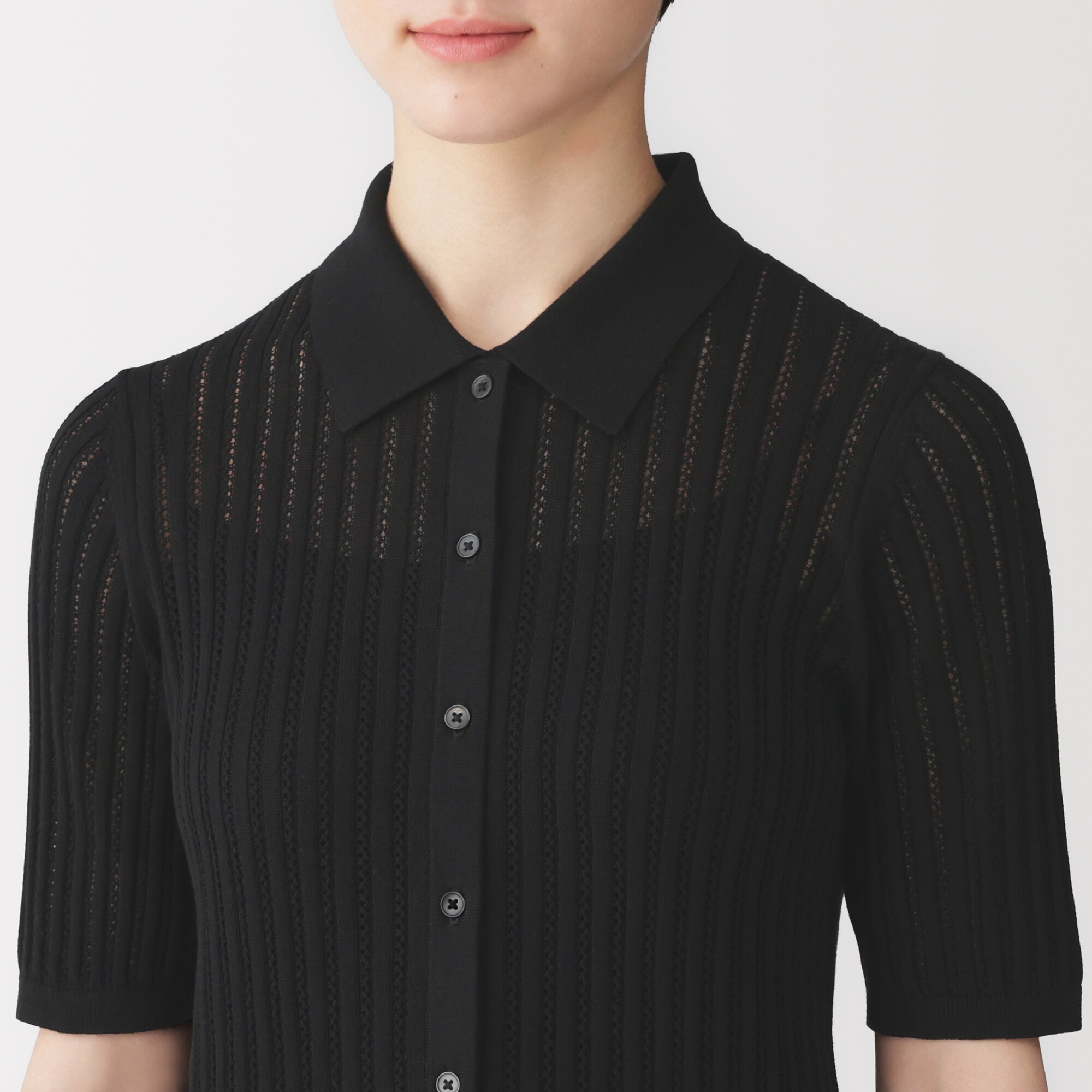 婦人　なめらかリブ透かし編み五分袖ポロカーディガン