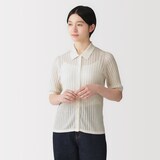 婦人　なめらかリブ透かし編み五分袖ポロカーディガン