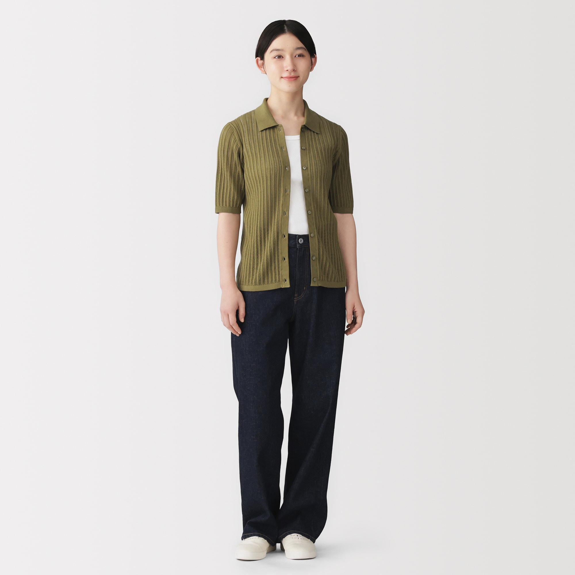 婦人 なめらかリブ透かし編み五分袖ポロカーディガン | 無印良品