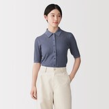 婦人　なめらかリブ透かし編み五分袖ポロカーディガン