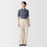 婦人　なめらかリブ透かし編み五分袖ポロカーディガン