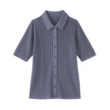 婦人　なめらかリブ透かし編み五分袖ポロカーディガン
