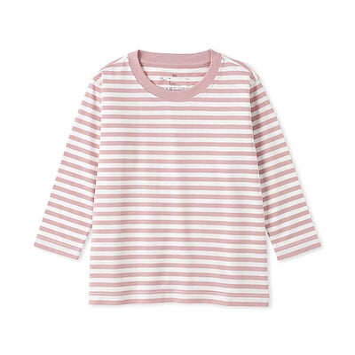 ベビー　あたまするっと　綿天竺編みクルーネック長袖Ｔシャツ　ボーダー