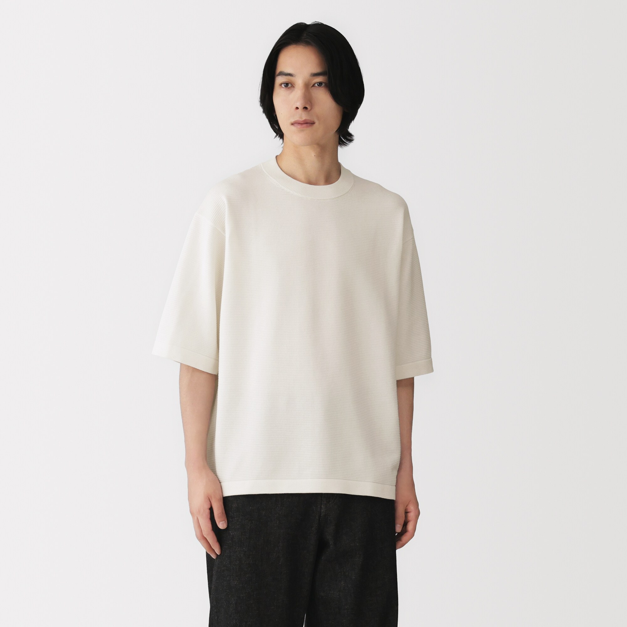 紳士　乾きやすい洗えるニット五分袖Ｔシャツ