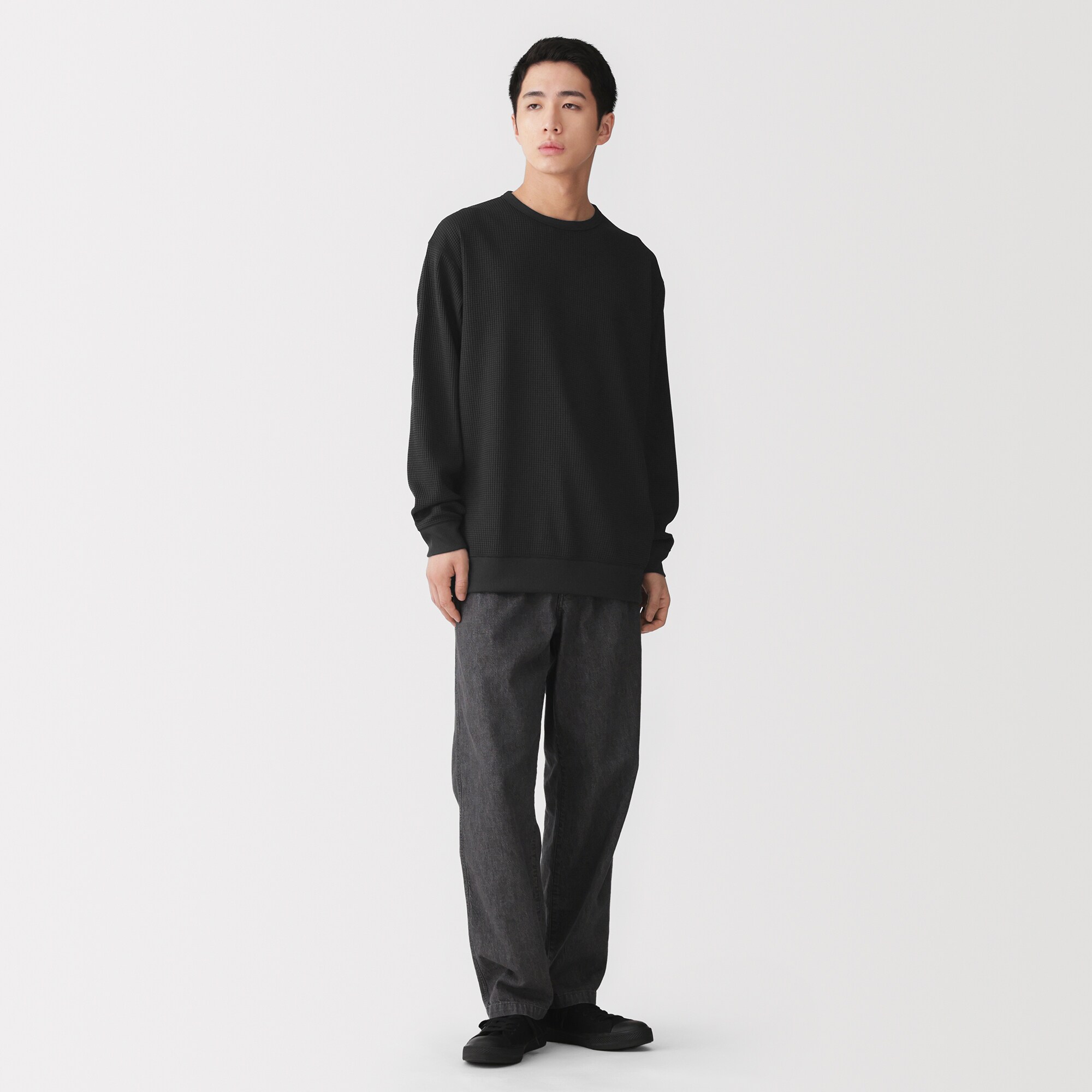 紳士　素材に還るワッフル編みクルーネック長袖Ｔシャツ