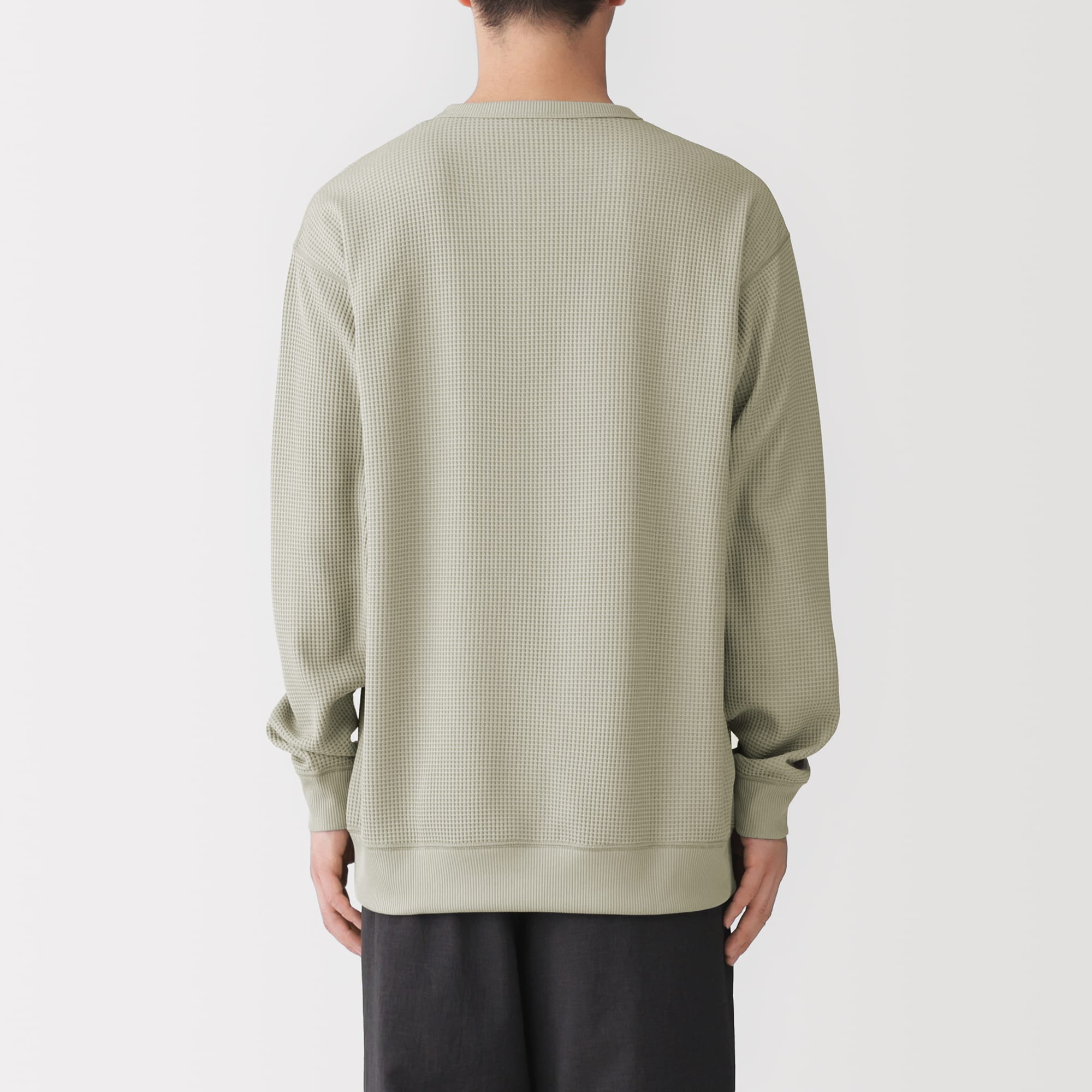 紳士　素材に還るワッフル編みクルーネック長袖Ｔシャツ