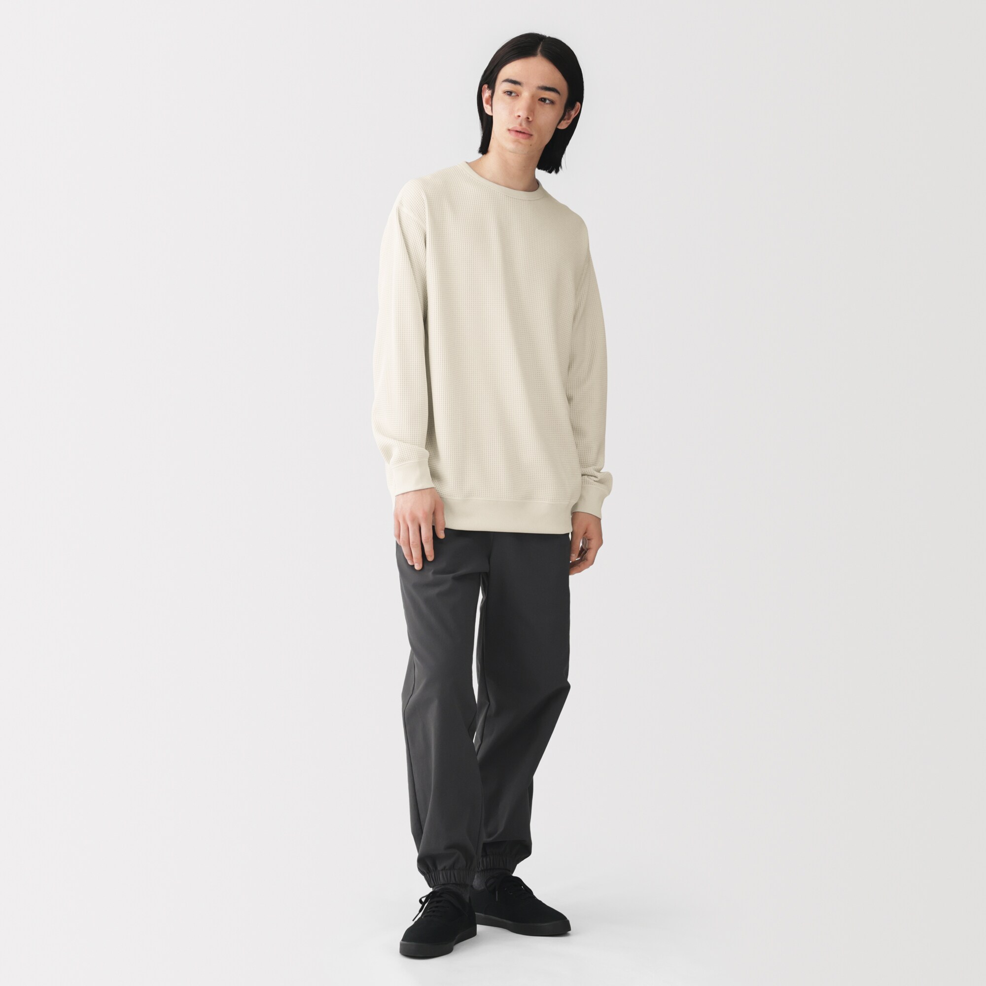 紳士　素材に還るワッフル編みクルーネック長袖Ｔシャツ