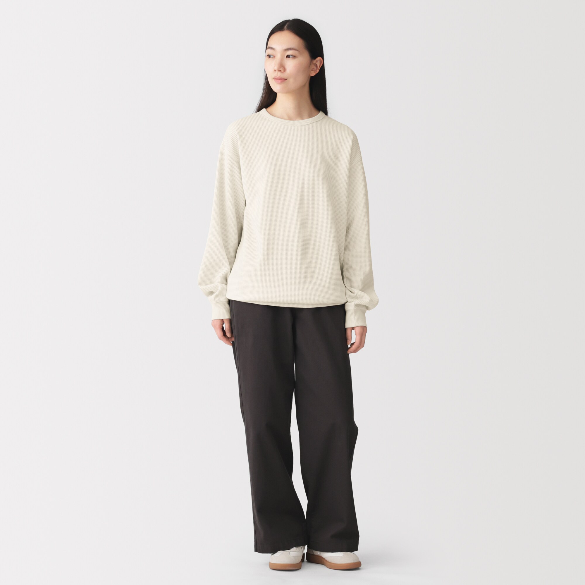 紳士　素材に還るワッフル編みクルーネック長袖Ｔシャツ