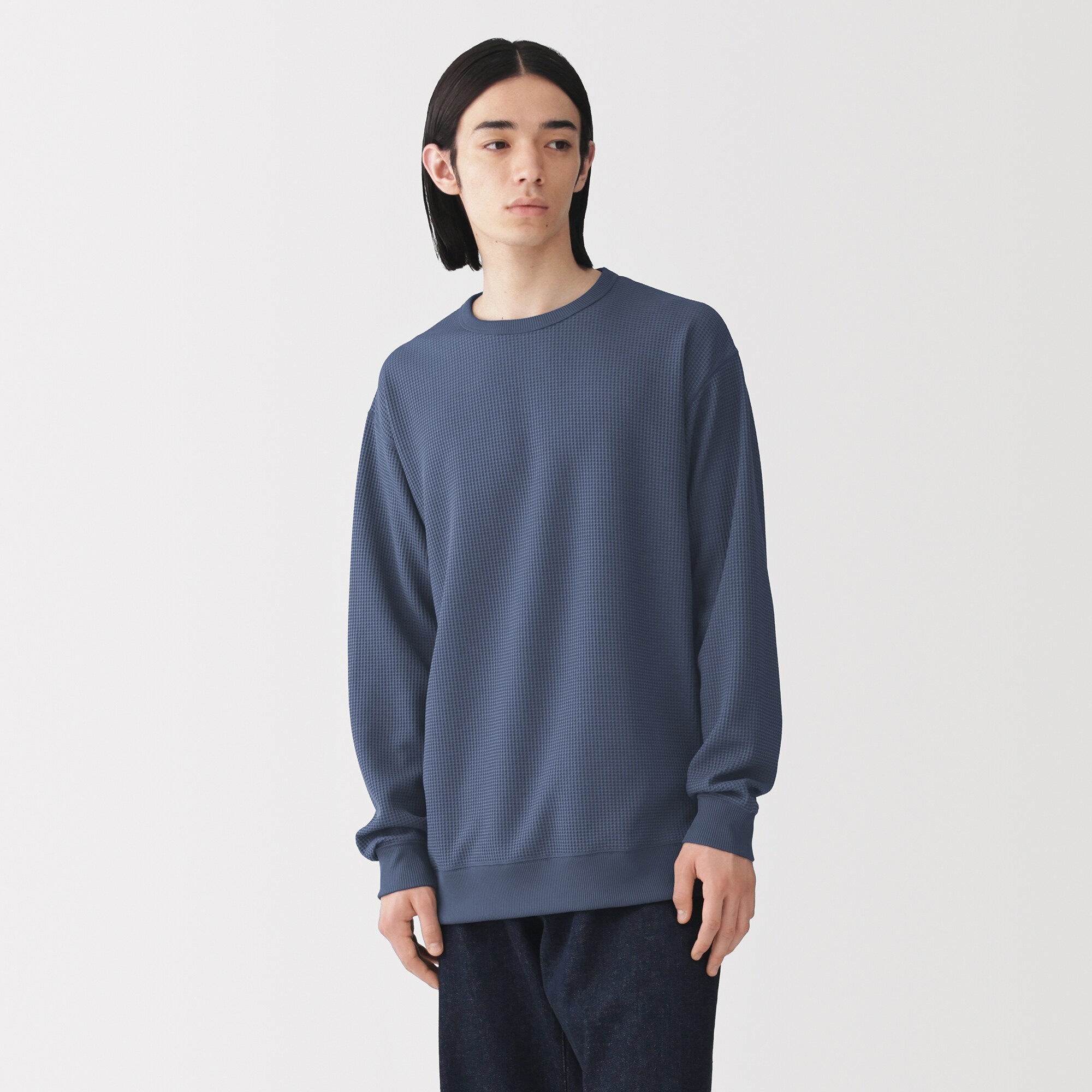 紳士　素材に還るワッフル編みクルーネック長袖Ｔシャツ
