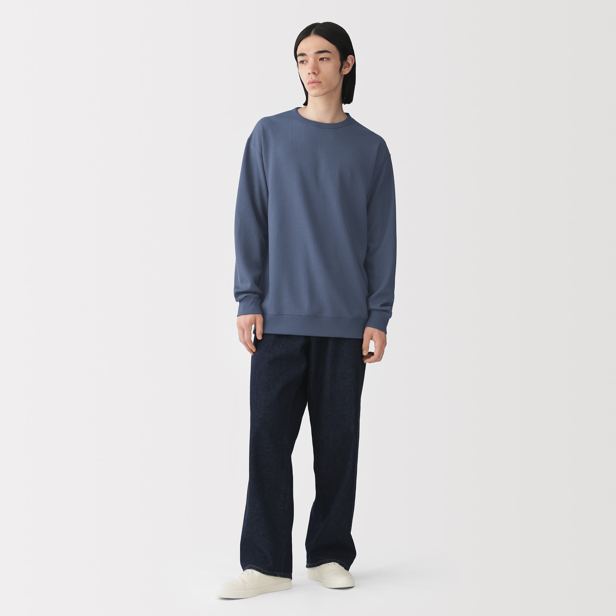 紳士　素材に還るワッフル編みクルーネック長袖Ｔシャツ