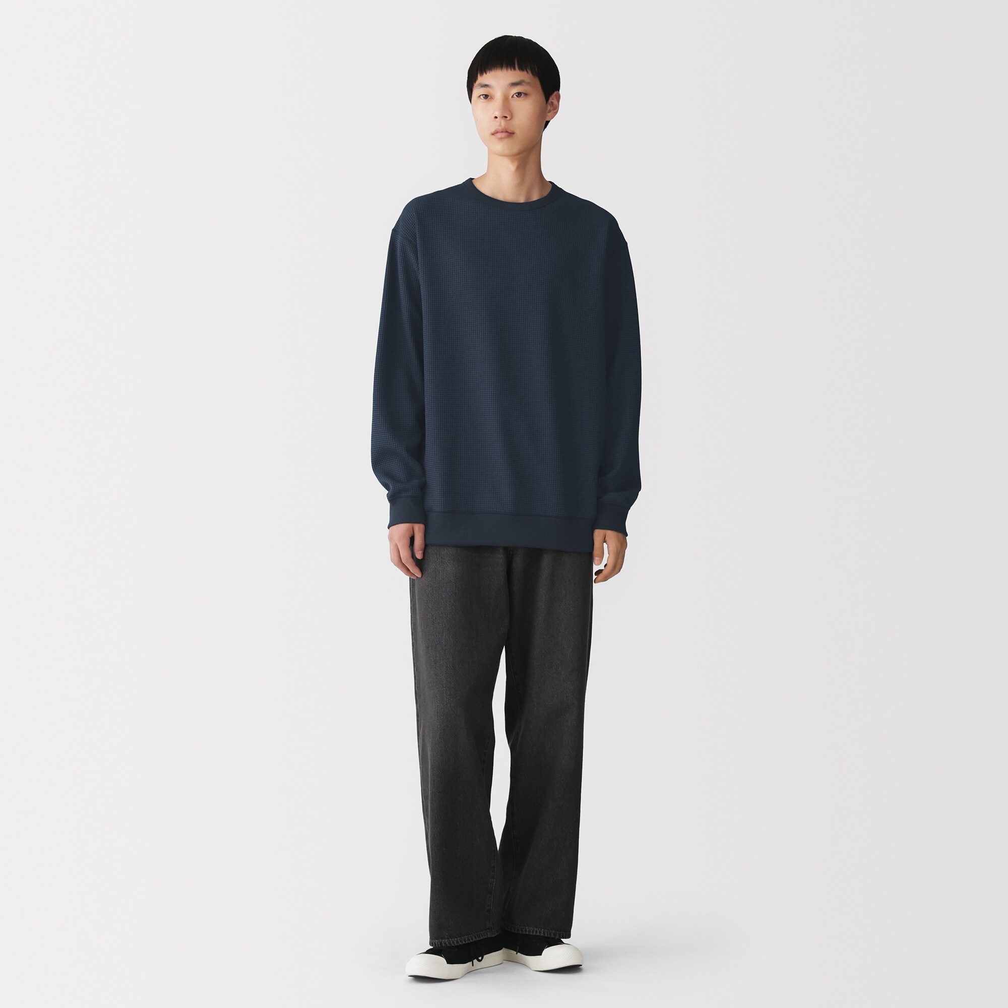紳士　素材に還るワッフル編みクルーネック長袖Ｔシャツ